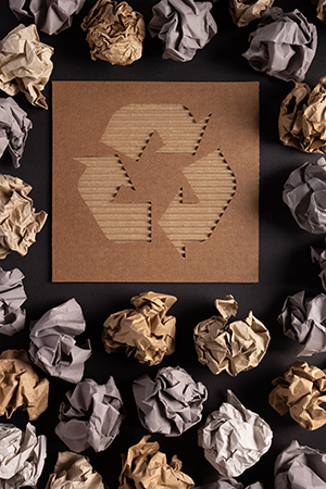Recycle symbol and crumpled paper ball as background texture. Re